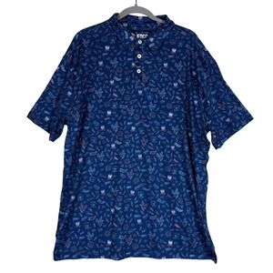 JEDCO Polo Shirt Mens Large Blue Patriotic USA Fireworks Graphic Stretch America